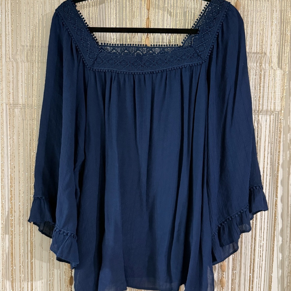 Navy Blue Square Neck Peasant Top